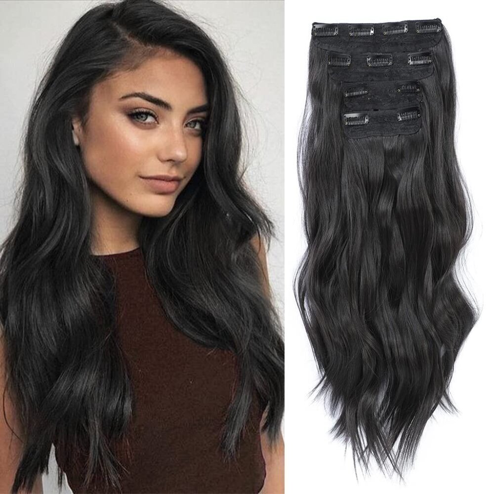 4PCS Clip in Hair Extensions 20Inch Black Hair Extensions Long Wavy Hair Extensi
